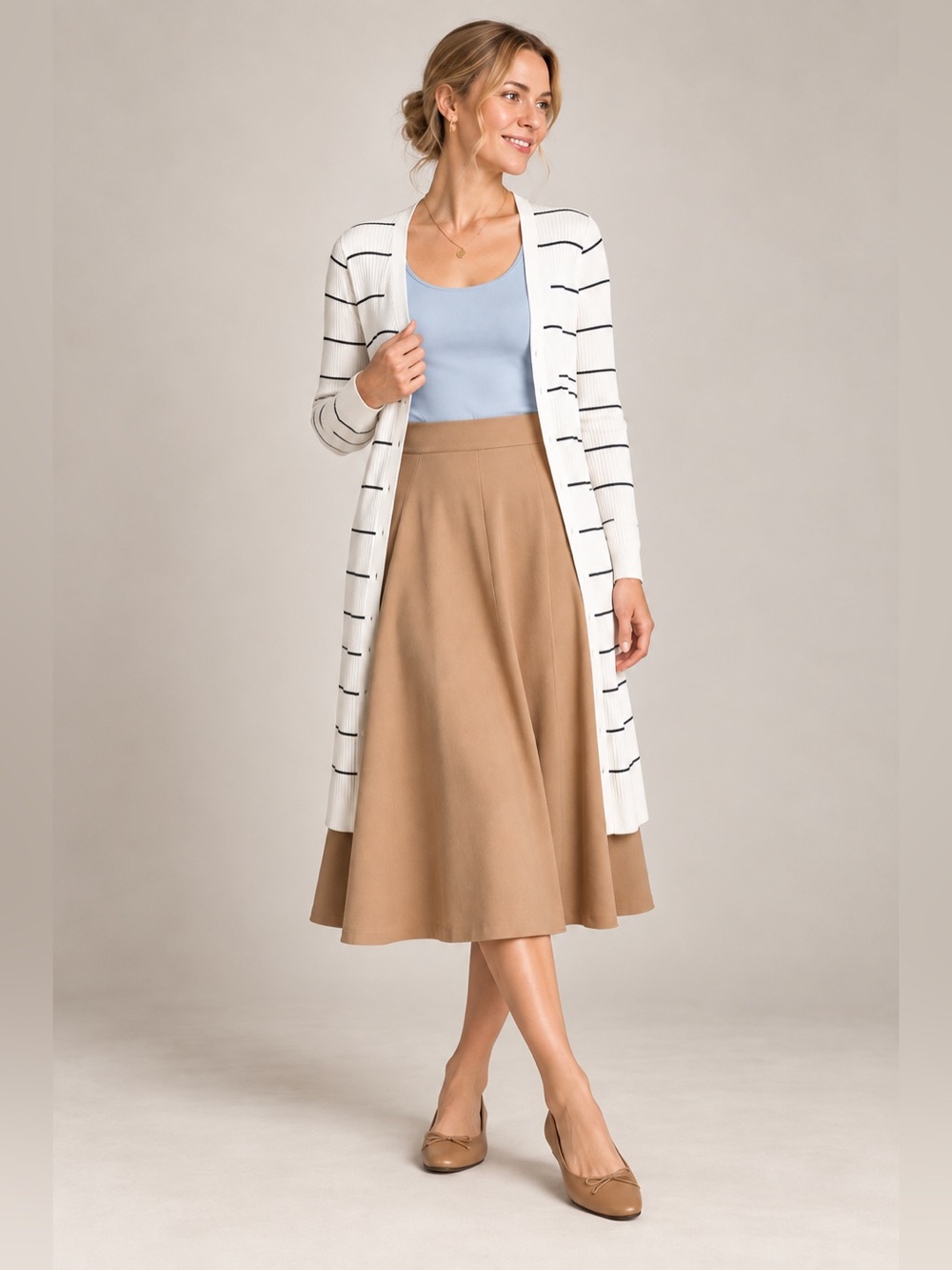 Cabi White Black Dashes Ribbed Longline Button Duster Cardigan Sweater XS